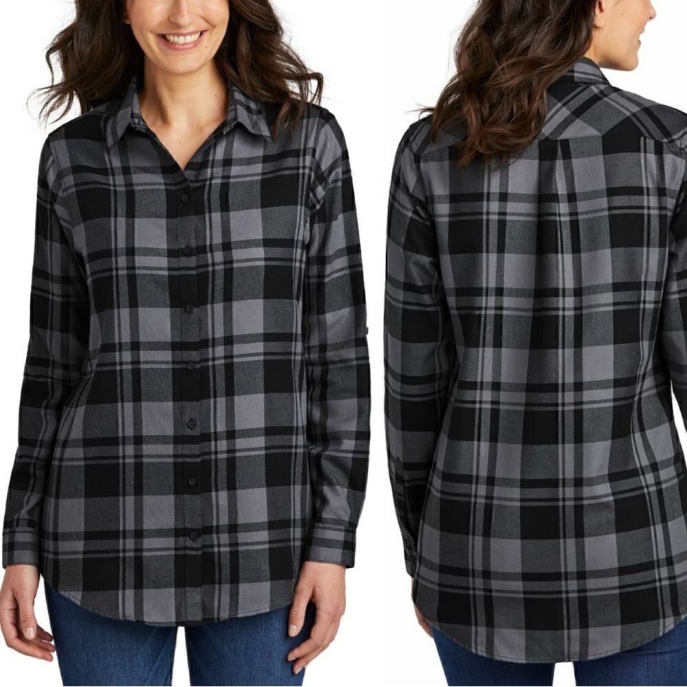 Port Authority Women's Plaid Flannel Button Down Tunic Shirt, Sz Large